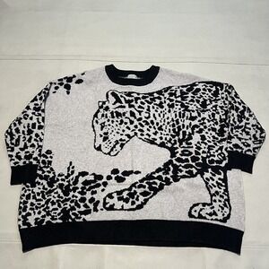 VTG 90s Animal Leopard Gray Cheetah Print Women 3/4 Sleeve Cotton Sweater-L-6383
